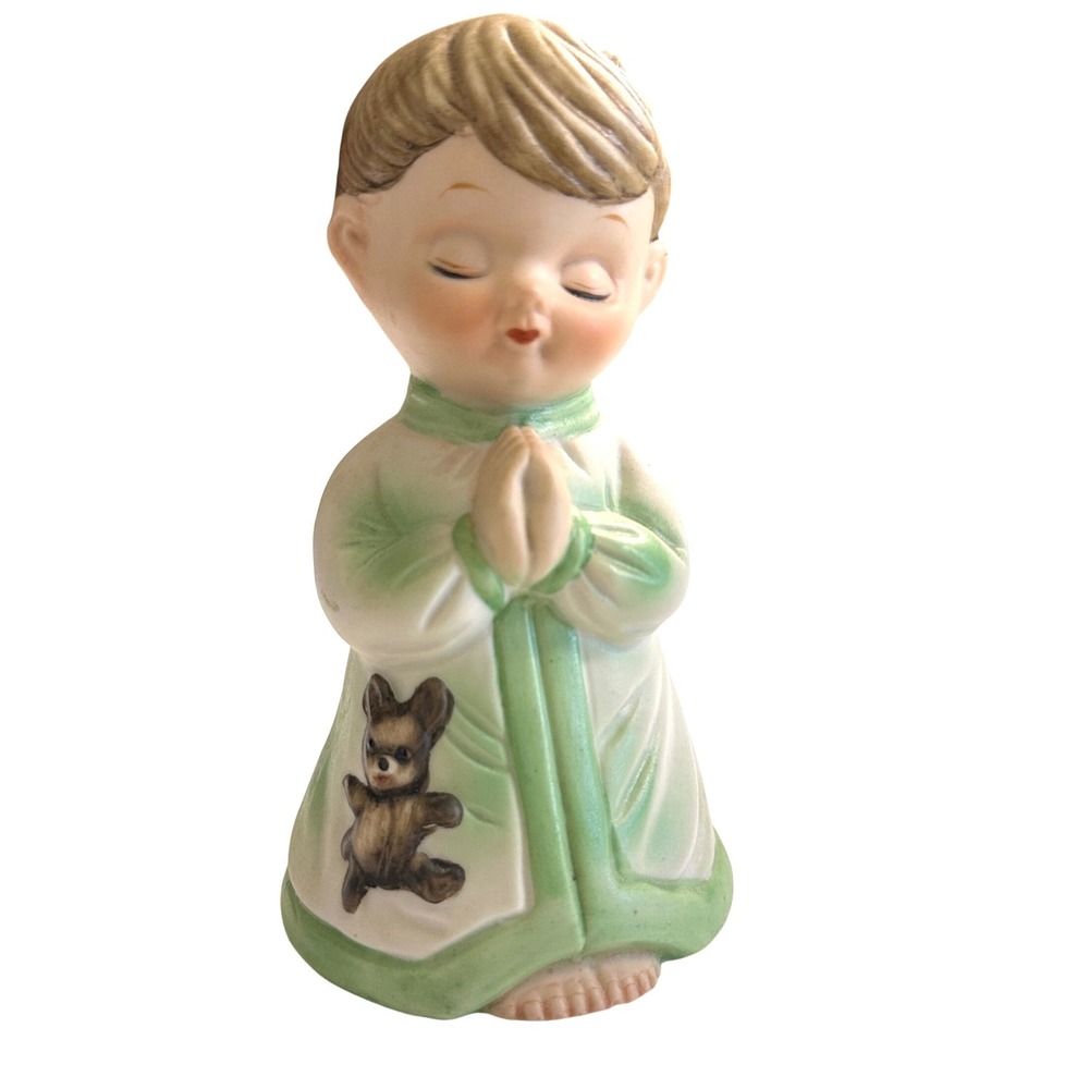 VTG Praying Boy Figurine Teddy Bear FBIA Bisque Ceramic Taiwan Kitsch Nursery‎